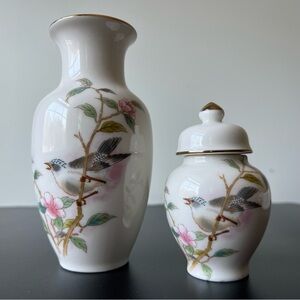 VTG Matching Set Yamaji Japanese Porcelain Vase, Mini Ginger Jar, Bird & Blossom
